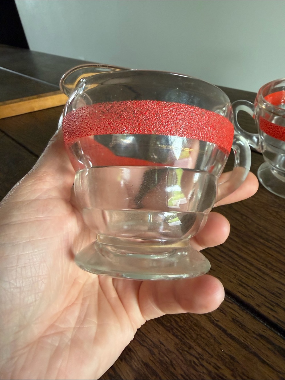 Kent Glass Sugar Bowl & Creamer Set w/ Textured Red Stripe & Gold Band 1950s - Picture 10 of 14